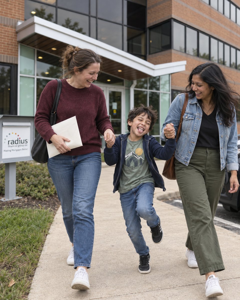 A family walking outside the radius office