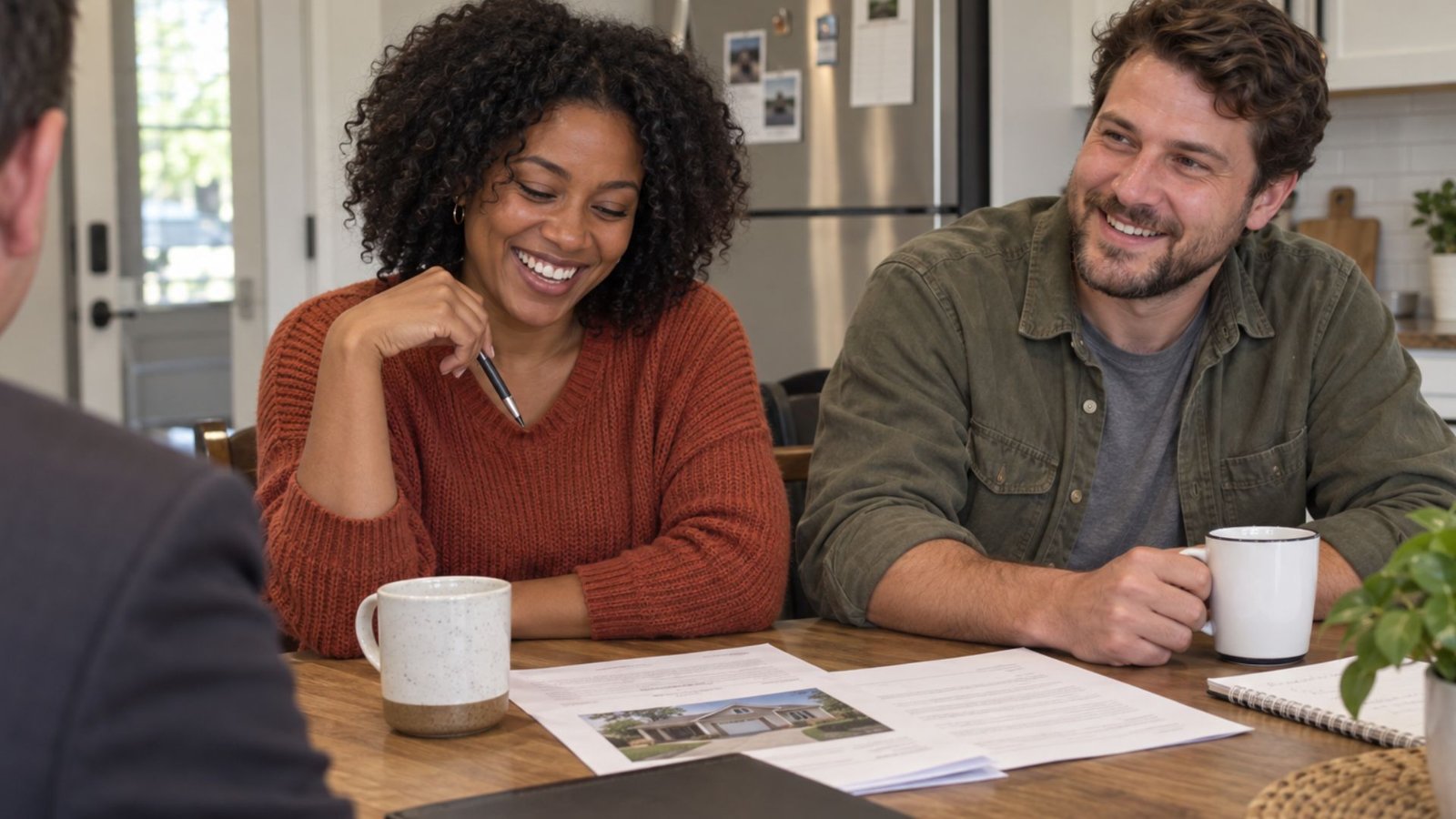 A couple going over a property listing at their kitchen table