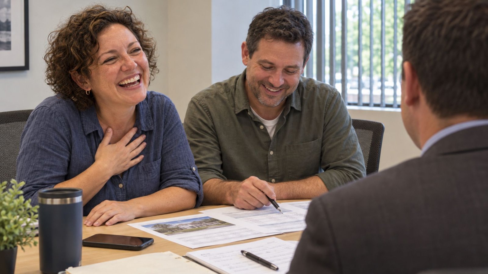 A couple laughing while reviewing a property listing